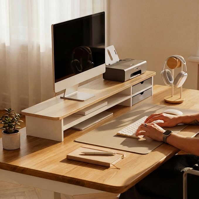 Fenge Monitor Stand, Dual Monitor Riser, 42.5inch Large Desk Computer Monitor Stand Riser with Drawer, 2 Tier Wood & Acrylic Desktop Organizer for Computer, Laptop, Printer, TV Screen Riser