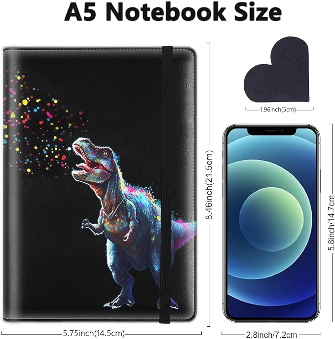 A5 Leather Lined Journal Notebook, 200 Pages Hardcover Executive Notebook for Men Women Office School Note Taking, Thick Writing Paper Daily Journal with Bookmarks/Indexes, Dinosaure Black