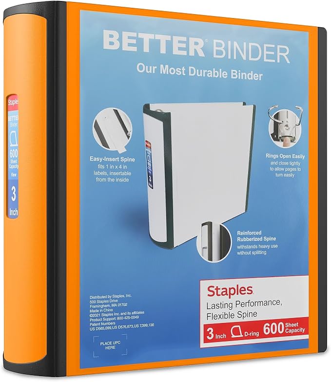 Staples Better Binder 3 Inch 3-Ring Binder, Orange, Wide Spine View Binder with Locking Rings, Durable Office Binder, 2 Pack