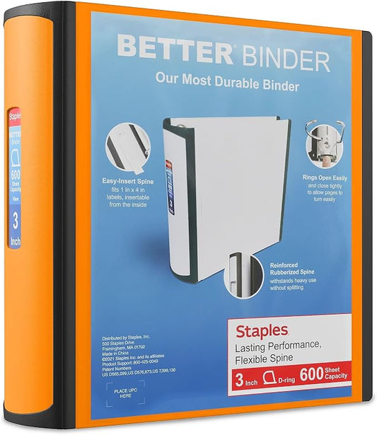 Staples Better Binder 3 Inch 3-Ring Binder, Orange, Wide Spine View Binder with Locking Rings, Durable Office Binder, 2 Pack