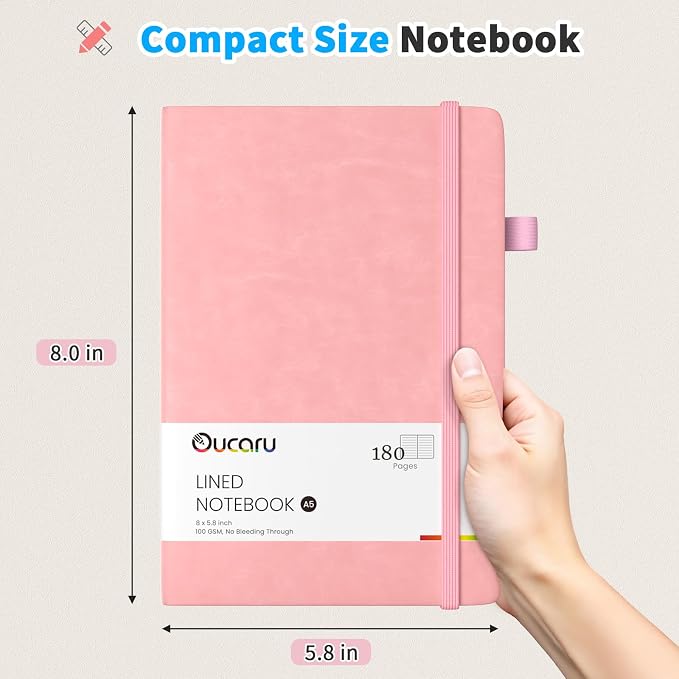 Oucaru Lined Journal Notebook, 8 Pack, 180 Pages, A5 Journals for Writing, 100 GSM Thick Paper, Small Notebooks Daily Journal for Women Men Work, Business, School, Travel Supplies