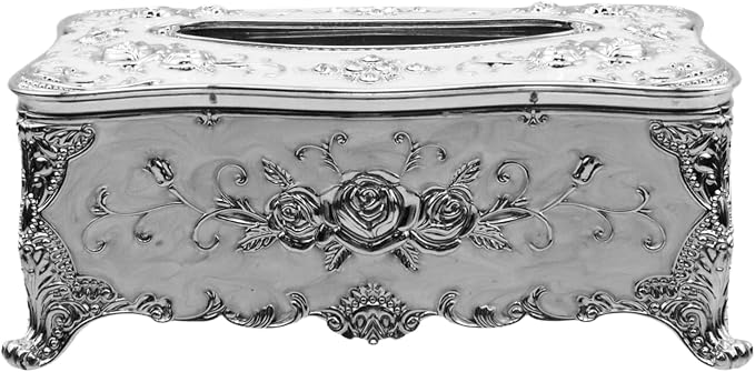 Luxurious Rose Tissue Box with Imitation Diamonds,Silver-White | Embossed Flowers，9.45"x5.43"x3.94"，Elegant Tissue Paper Holders，for Home Toilet Bath Hotel