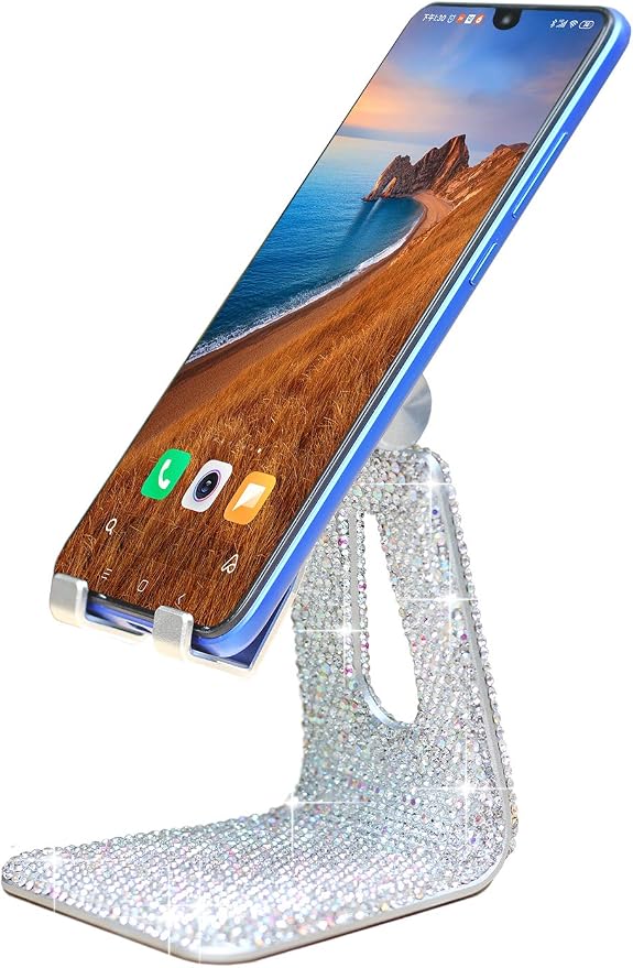SZ Bling Rhinestone Crystal Adjustable Cell Phone Stand, Phone Holder for Desk, Phone Desktop Holder Stand Compatible with iPhone IPAD Samsung Smart (Silver)