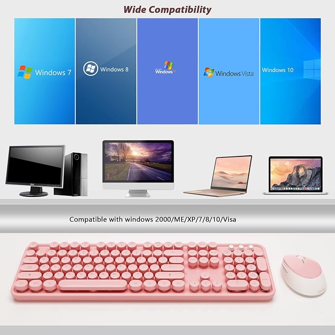 Kootop Cute Wireless Keyboard and Mouse Combo for PC Laptop Desktop Pink | Cute pink Colorful Typewriter Retro Round Keycaps 104 keys for PC Laptop,Desktop,Windows,