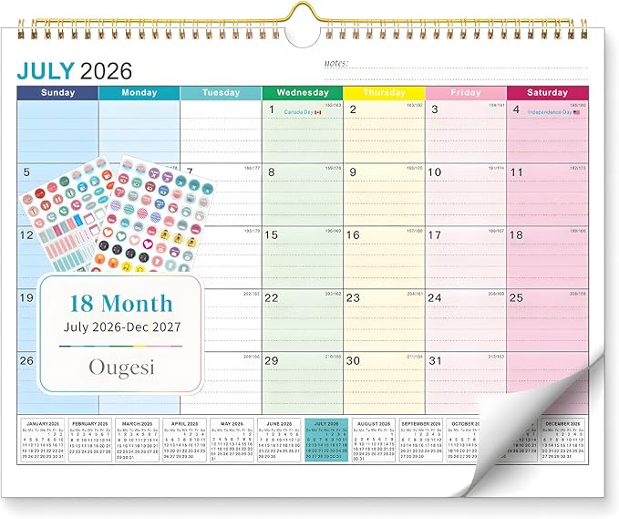 Wall Calendar 2026-2027, 18 Months Academic Calendar, July. 2026 - Dec 2027, 14'' × 11'', Monthly Wall Hanging Calendar with Thick Paper for Office Home (Colorful)