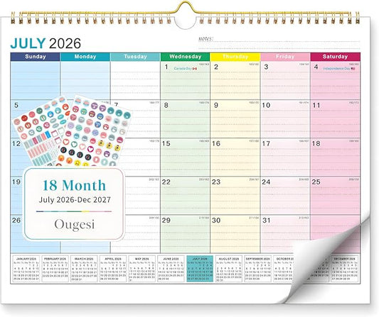 Wall Calendar 2026-2027, 18 Months Academic Calendar, July. 2026 - Dec 2027, 14'' × 11'', Monthly Wall Hanging Calendar with Thick Paper for Office Home (Colorful)