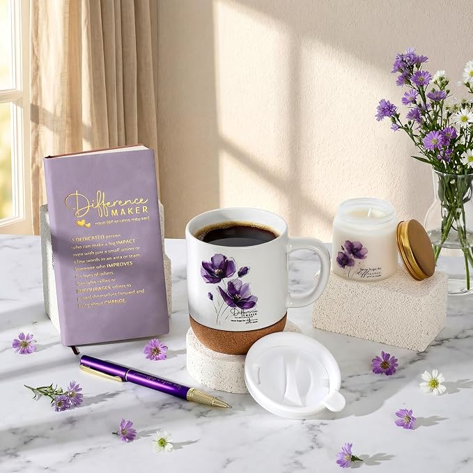 4 Pcs Difference Maker Gift Set Mug Notebook Candle Pen,Purple,Flower