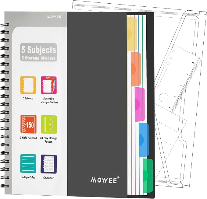 5-Subject Spiral Notebook, College Ruled, with Pocket & Tab Dividers | 300 Pages, 11" Ruler, 8.5"x11" Black, Pocket Dividers with Tab Labels, for Writing Journal, Home, Office & School Supplies