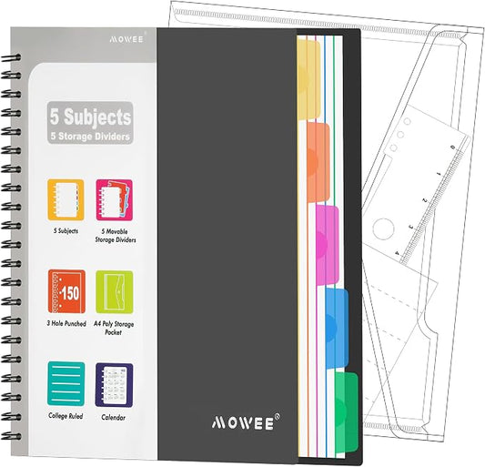 5-Subject Spiral Notebook, College Ruled, with Pocket & Tab Dividers | 300 Pages, 11" Ruler, 8.5"x11" Black, Pocket Dividers with Tab Labels, for Writing Journal, Home, Office & School Supplies