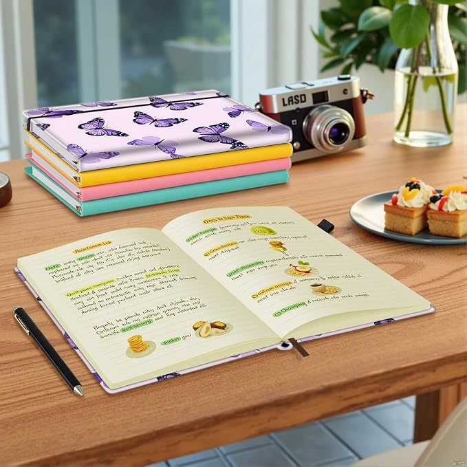 Hardcover Executive Notebooks, A5 PU Leather Lined Journal Notebook, 200 Pages Thick Paper Subject Notebooks for School,Work,Home Writing Business Notebook, Diary Book ，Purple Butterflies