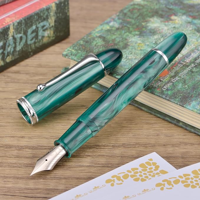 Asvine V800 Fountain Pen -Vacuum Filling System with Large Ink Capacity-Number 8 Stub Nib 1.1mm Calligraphy Art Drawing with Wrench - Green Acrylic