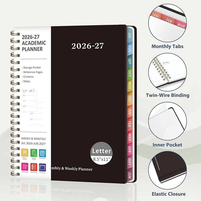 Planner 2026-2027, Weekly and Monthly Academic Year Calendar Planner, July 2026 - June 2027, Daily Agenda Book for Office School Supplies, Letter Size(8.5'' x 11'')
