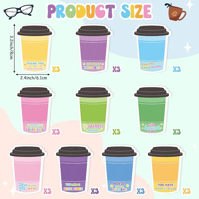 Xqumoi 30 Pack Employee Appreciation Coffee Cup Sticky Notes - Self Sticky Notepad Writing Memo Pad for Coffee Lover Staff Member Colleague Worker Office School Supply