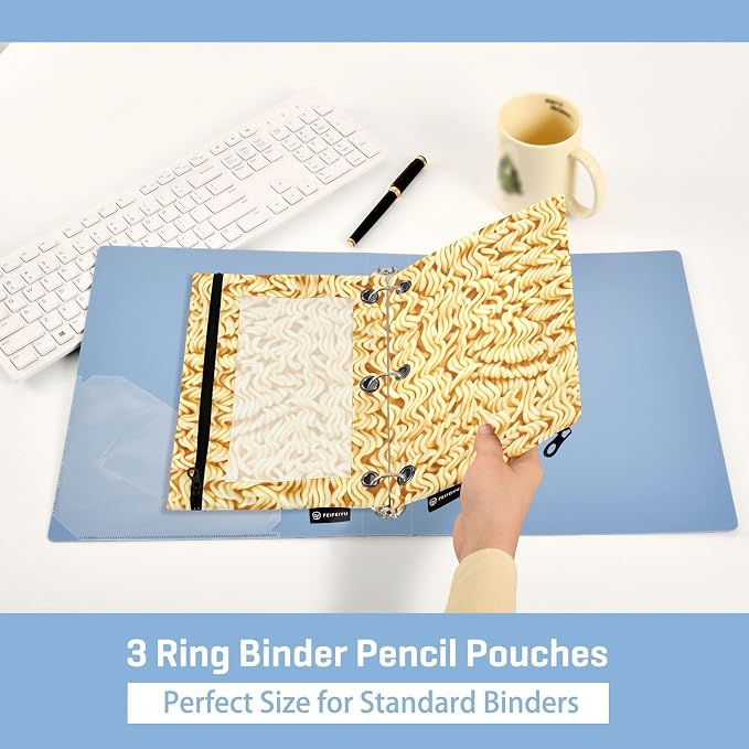 Ramen Noodles Pencil Pouches for 3 Ring Binder, Zipper Binder Pencil Case, 2 Pack Clear Window Case Bag for Office Organizers