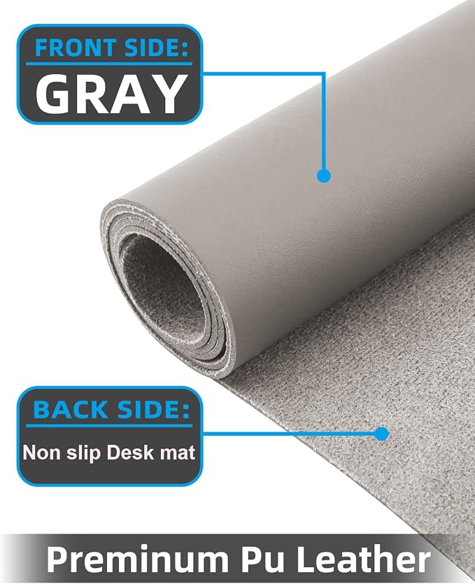Leather Desk Pad Protector, Large Office Mat & Mouse Pad, Non-Slip Laptop Desk Blotter, Waterproof Writing Pad (Light Grey, 48" x 24")