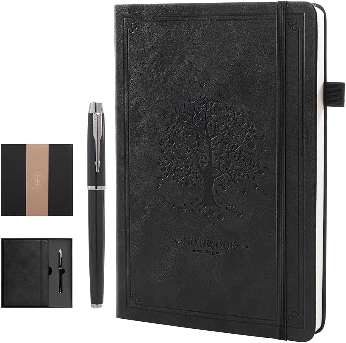 Lined Notebook with Gift Box for Women Men 320 Pages A5 Hardcover Leather with Pen Holder College Ruled Journals for Work Note Taking Travel School Black