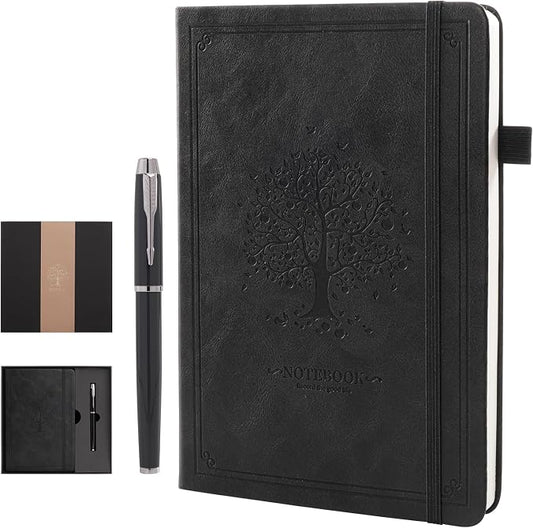 Lined Notebook with Gift Box for Women Men 320 Pages A5 Hardcover Leather with Pen Holder College Ruled Journals for Work Note Taking Travel School Black