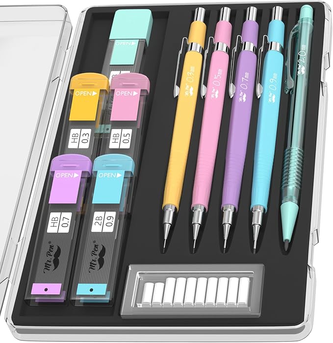 Mr. Pen- Pastel Mechanical Pencil Set, 5 Mechanical Pencils (0.3, 0.5, 0.7 | 0.9, 2.0mm), 5 HB Lead Refills & 10 Eraser Refills, Precision Drawing Pencils for Sketching, Writing & Artwork