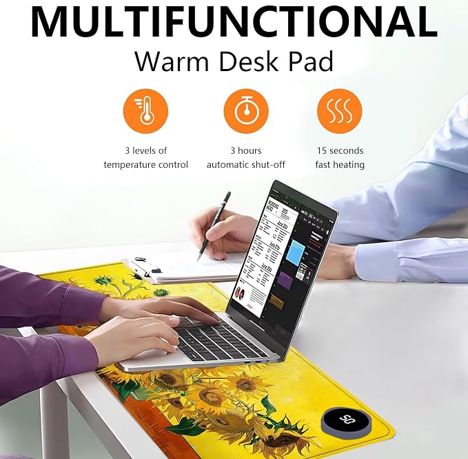 Heated Mouse Pad with 3 Levels Heated & 3 Hours Auto Shut-Off Mouse Pad for Warming Hands in Office Home, 23.6" x 14.2"Large Safe Desk Mat Hand Warmer，Sunflowers