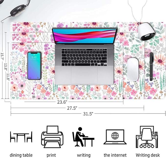 Flower Large Mouse Pad, Floral Desk Matt for Desktop, PU Leather Waterproof Desk Pad, Computer PC Laptop Protector Gaming Mouse Pads for Women Office Decor (27.5" x 13.8")