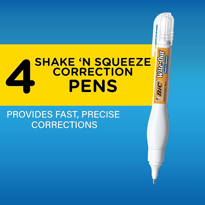 BIC Wite-Out Brand Shake 'n Squeeze Correction Pen, 8 ML Correction Fluid, School Supplies for Students and Teachers, Fast and Precise, 4-Count Pack in White