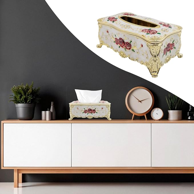 Luxurious Rose Tissue Box with Imitation Diamonds,Gold-White-red | Embossed Flowers，9.45"x5.43"x3.94"，Elegant Tissue Paper Holders，for Home Toilet Bath Hotel