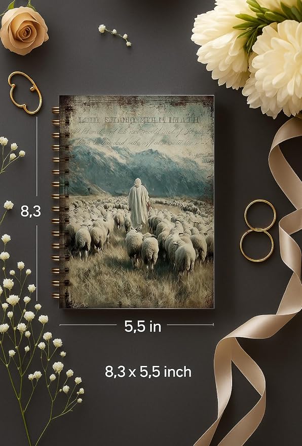 bitCNY Spiral Notebook 8.3 x 5.5 Inches, Good Shepherd Christian Art Cover, Biblical Shepherd and Sheep Journal, Lined Notebook for Bible Study Prayer and Notes