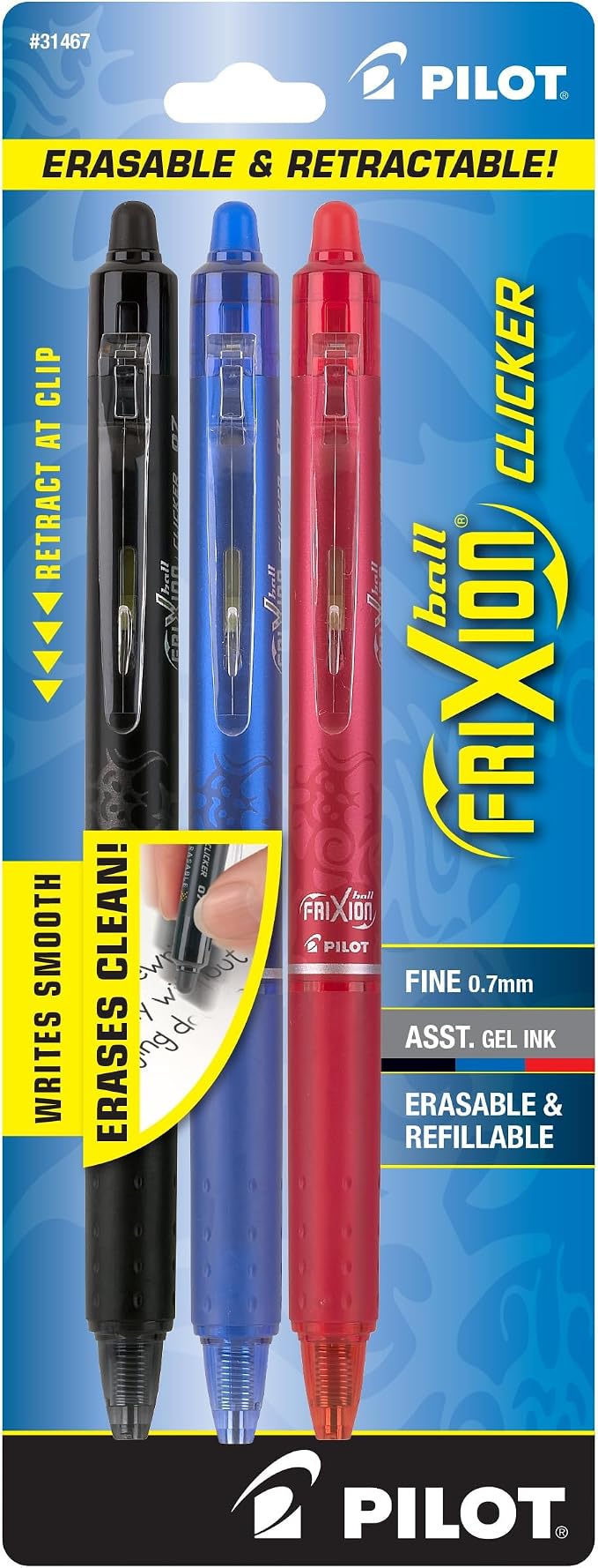 PILOT FriXion Clicker Erasable, Refillable & Retractable Gel Ink Pens, Fine Point, Black/Blue/Red Inks, 3-Pack (31467)