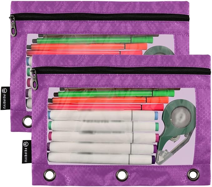 Gredecor Binder Pencil Pouch 3 Ring Purple Zipper Pencil Pouches Case 2 Pack Clear Binder Organizer for School Office