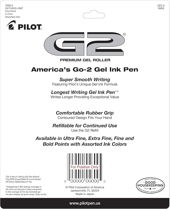 Pilot G2 Premium Refillable And Retractable Gel Ink Pens, Fine Point (0.7mm), 8 Colors, 8 Count (16606)