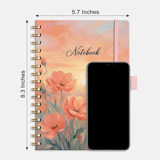 AHGXG Spiral Journal Notebook, 160 Lined Pages, A5 Size (5.7'' x 8.3'') | for Women, Journaling, Writing, Work & Office, Hardcover, 100 GSM Thick Paper (Peach Poppy Sunset)