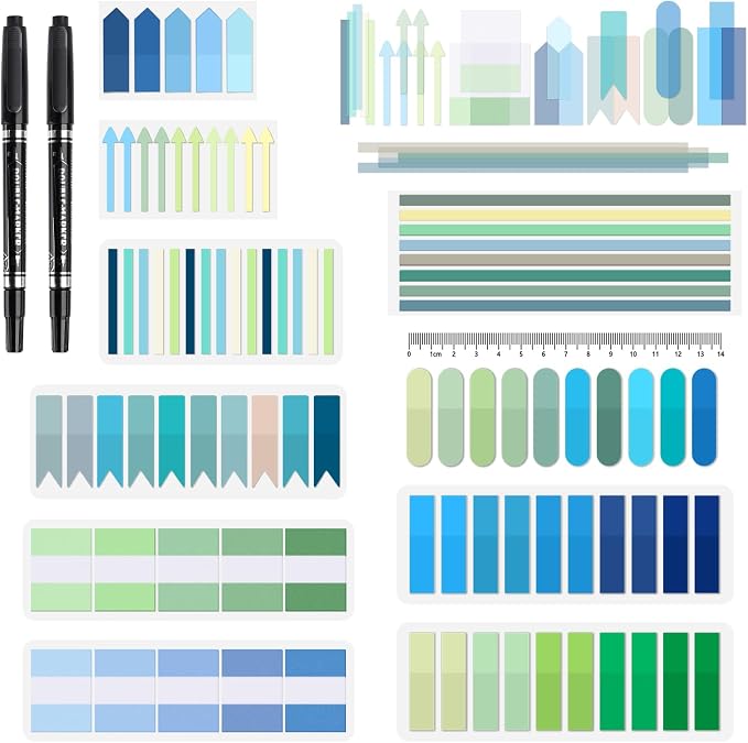 BAYTORY 1800Pcs Transparent Sticky Tabs, 2Pcs Double Marker Pens | See Through Clear Label Stickers, Self-Adhesive Translucent Index Tabs, Sticky Notes for Bible Accessories (Gradient Colors)