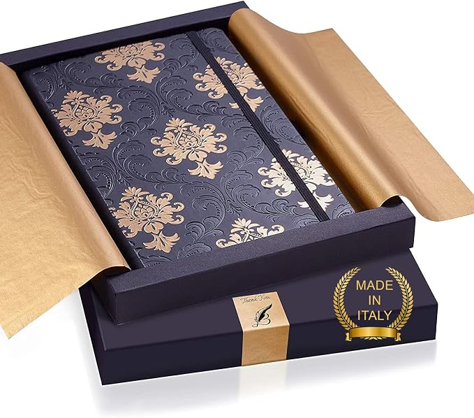 Exclusive Writing Journal for Women and Men - Handmade in Italy with Ivory Paper - Travel Diary Notebook for Daily Notes, Dreams or Planning - Perfect for a Traveler, Writer, Musician(ROSE) (BAROQUE GOLD)