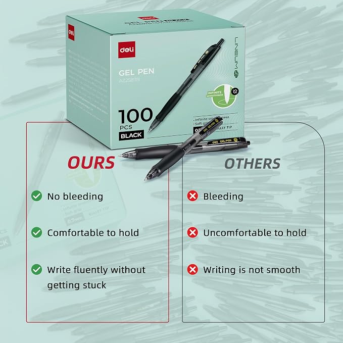 deli Pens Bulk, 100 Pcs Retractable Gel Pens Medium Point 0.7mm, Smooth Writing with Fast Dry Black Ink, No Bleed, Comfort Grip & Pocket Clip for School, Office, Home Supplies