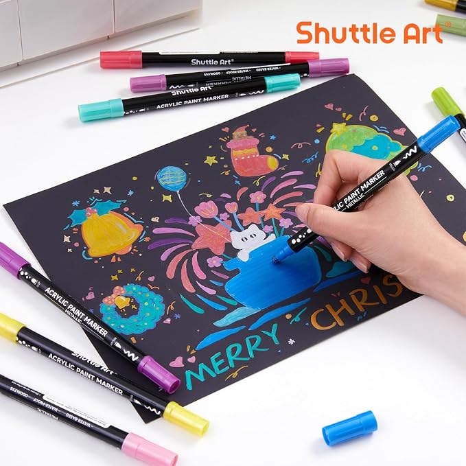 Shuttle Art 28 Metallic Colors Dual Tip Acrylic Paint Markers, Dot Tip and Fine Tip Acrylic Paint Pens for Rock, Ceramic, Wood, Canvas, Plastic, Glass, Stone, Calligraphy, Card, DIY Football Crafts