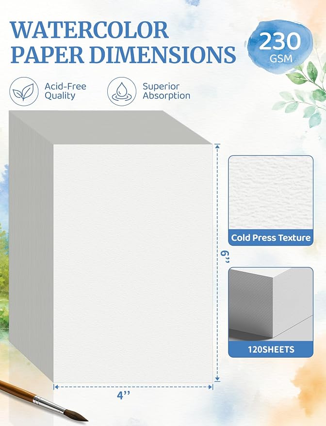120 Sheets 4x6 Watercolor Paper Bulk, Cold Press Watercolor Paper Cards | 110 LB/230 GSM Water Color Paper 4x6, Watercolor Supplies for Kids and Adults, Drawing Paper for Sketching, Acrylic, Gouache