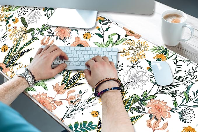 XXL Waterproof Office Desk Pad Protector 35.4x15.7 Inch - Extended Gaming Mouse Pad with Non-Slip Rubber Base, Thickened Keyboard Mat, Stitched Edges & Floral Flowers Design