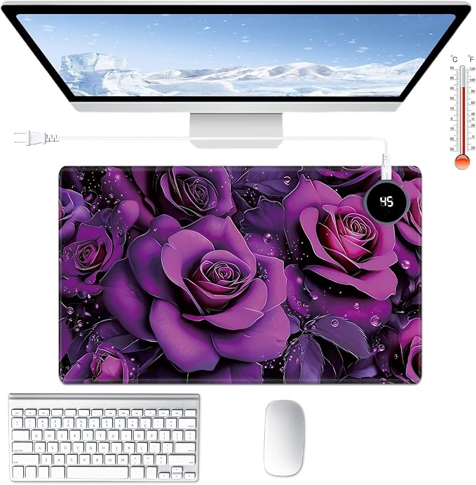 Heated Desk Pad Large Mouse Pad 23.6 x 14.1 inch with 3 Levels Heating & Auto Shut-Off Warm Mouse pad PU Leather Computer Mousepad for Home Office Work - Purple Rose Flowers