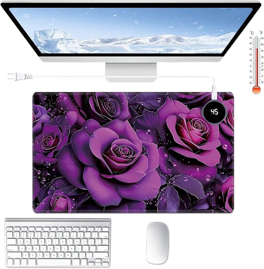 Heated Desk Pad Large Mouse Pad 23.6 x 14.1 inch with 3 Levels Heating & Auto Shut-Off Warm Mouse pad PU Leather Computer Mousepad for Home Office Work - Purple Rose Flowers