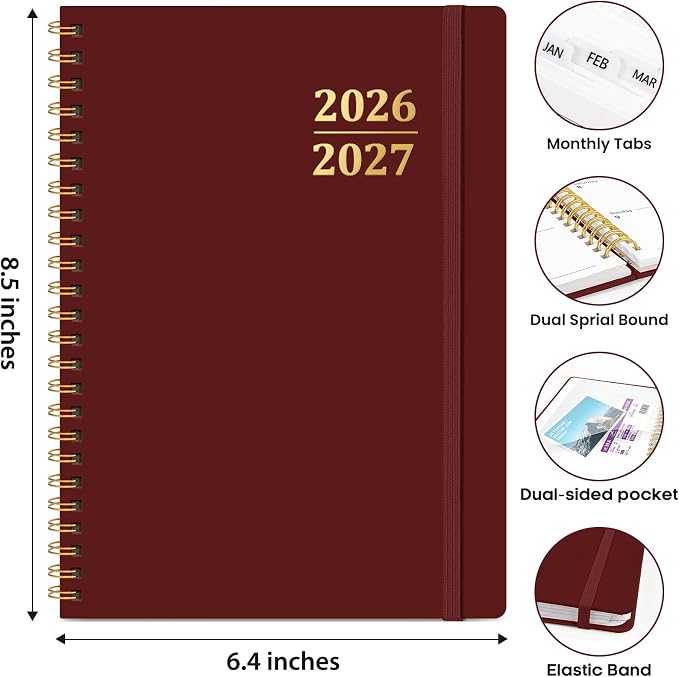 Academic Planner 2026-2027, Weekly and Monthly Calendar Planner Book, July 2026 – June 2027, Hardcover Organizer with Tabs, Perfect for Teachers, Students, Women & Men, A5 (6.4" x 8.5") - Burgundy