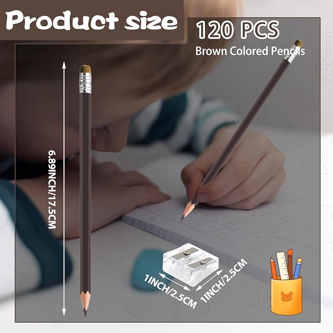 120 PCS Brown Colored Pencils with Eraser Pre Sharpened Pencil 2 HB - Ideal for Checking, Grading, Tests & Office/School Supplies (Brown)
