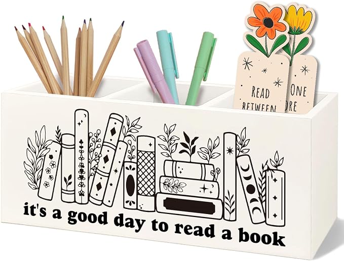 Bookmark Holder Decor Wooden Pen Pencil Holder for Desk, Book Club Gifts It's a Good Day to Read a Book Wood Makeup Brush Toothbrush Holder Organizer for Reading Corner Bedroom