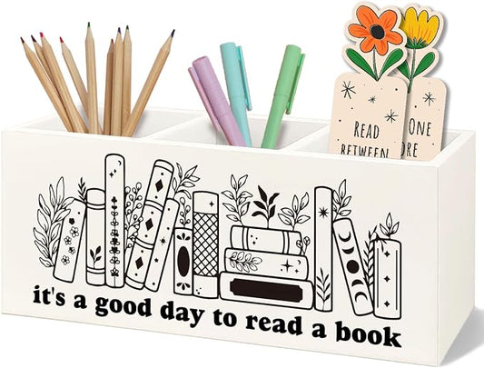 Bookmark Holder Decor Wooden Pen Pencil Holder for Desk, Book Club Gifts It's a Good Day to Read a Book Wood Makeup Brush Toothbrush Holder Organizer for Reading Corner Bedroom