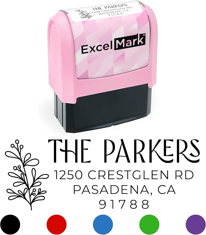 ExcelMark Address Stamp - Custom Return Address Stamp with Elegant Designs, Vibrant Colors & Patterns – Perfect for Mail, Invitations & Gifts (Pink, Foliage Edge)
