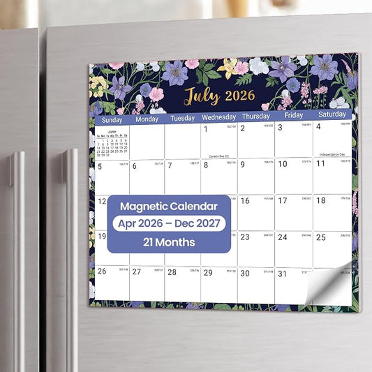 Aesthetic 2026-2027 Magnetic Calendar for Refrigerator, 21-Month Fridge Calendar Magnet from April 2026 to December 2027, Easy Organizing，Midnight Garden