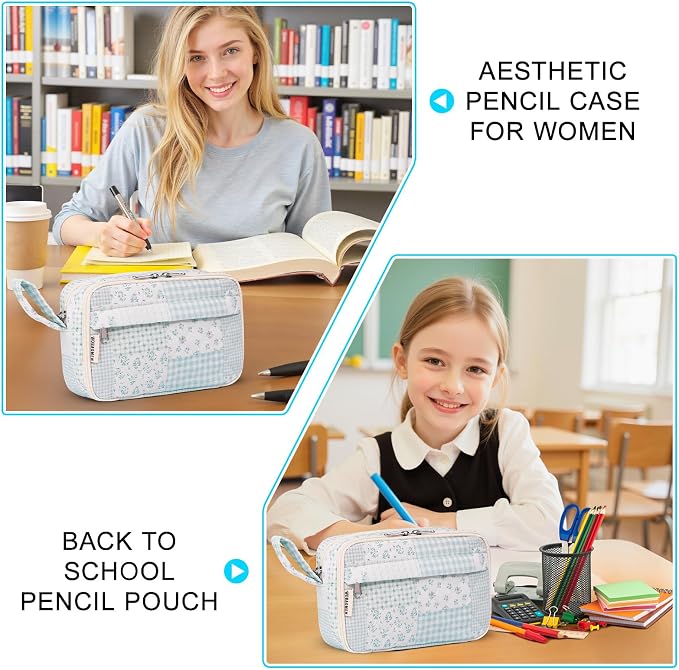 WOBAGMEN Quilted Pencil Pouch for Girls Women, Large Pencil Case Pouch with Compartments Cute Aesthetic Pencil Case Organizer, Floral Pencil Bag for School Supplies (green blue pin)