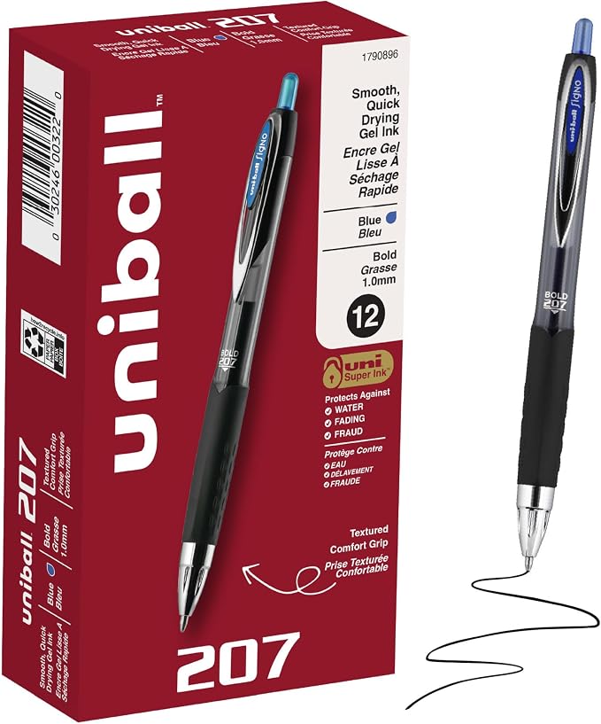 uniball™ 207 Gel Pens, Blue Ink, 1.0mm Bold Point, Retractable, 12 Count, Smooth Writing, Fraud-Resistant, uni Super Ink™