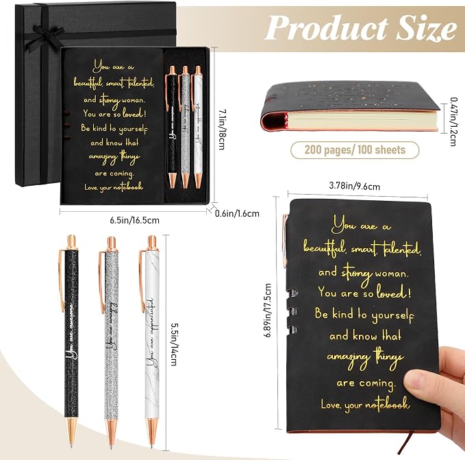 Resurhang 5 Pcs Inspirational Journal for Women Employee Appreciation Gift A6 Leather Journal Glitter Ballpoint Pen with Box for Back to School Teacher Coworker Female Secretary Nurse(Black)