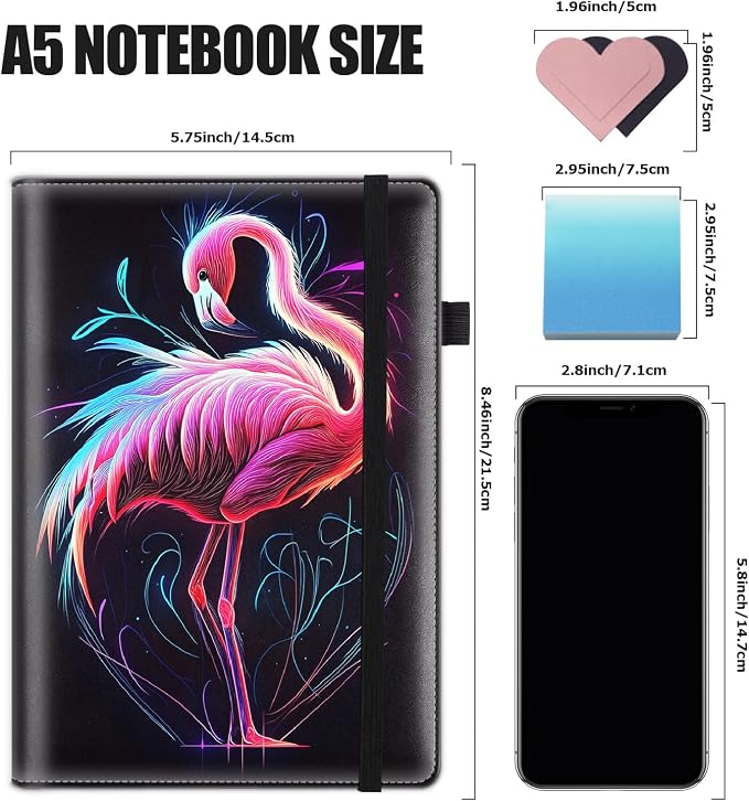 Hardcover Executive Notebooks, A5 PU Leather Lined Journal Notebook, 200 Pages Thick Paper Subject Notebooks for School,Work,Home Writing Business Notebook, Diary Book ，Pink Flamingo