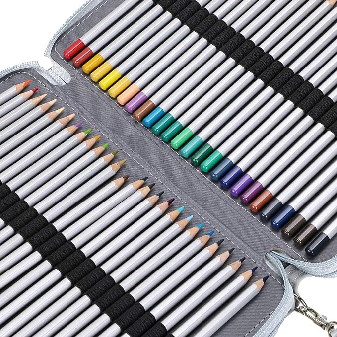BTSKY 200 Slots Colored Pencil Organizer - Deluxe PU Leather Pencil Case Holder With Removal Handle Strap Pencil Box Large for Colored Pencils Watercolor Pencils Grey